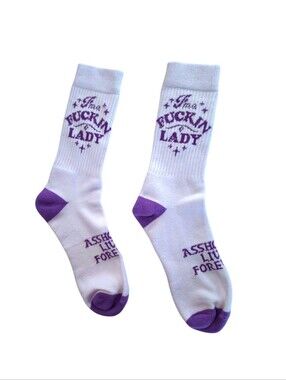 A-holes Live Forever Crew Socks White with Purple Accents Graphic Socks